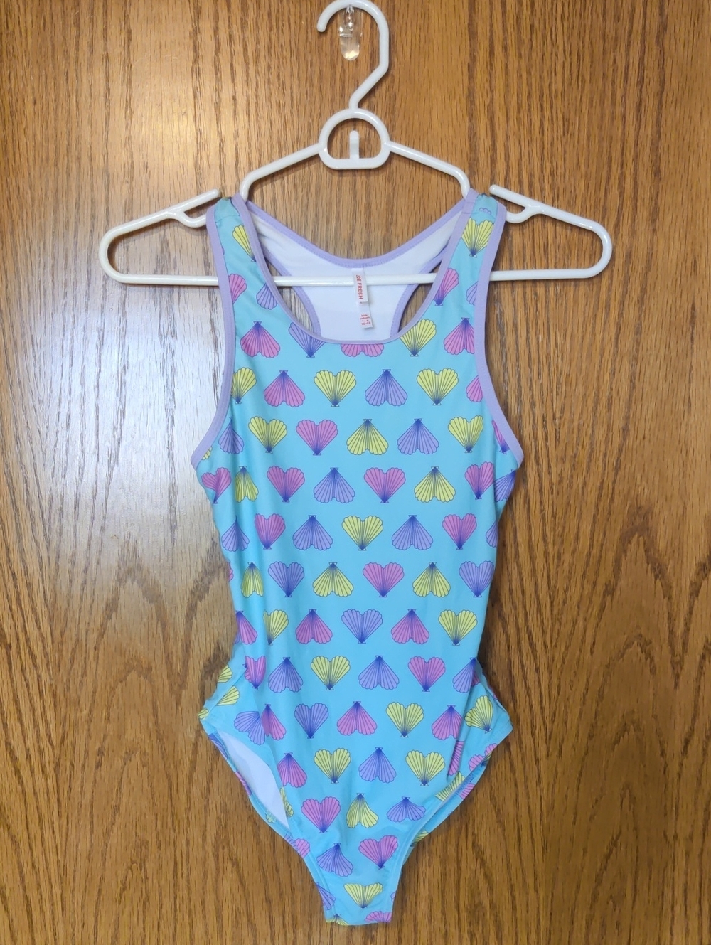 Joe Fresh Light Blue One-Piece Swimsuit with Pink, Yellow, and Purple Shells